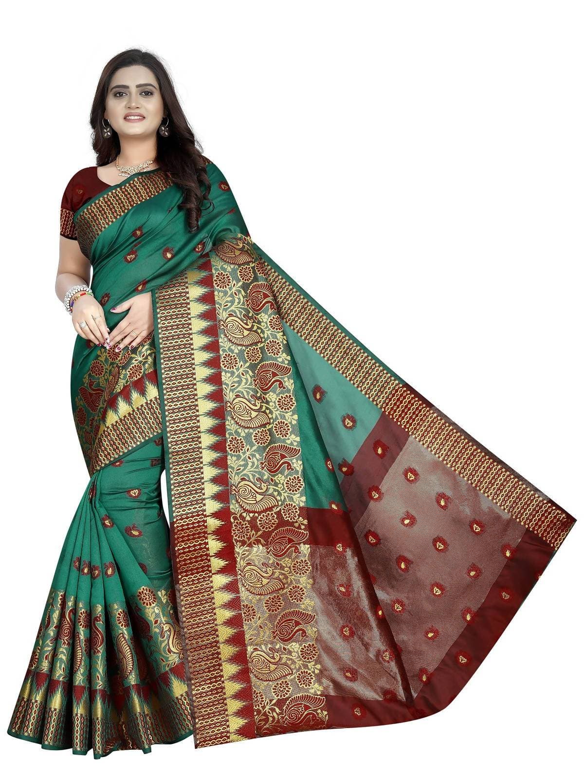 Vamika Banarasi Jaquard Rama Green & Red Weaving Saree | Swadesiicart