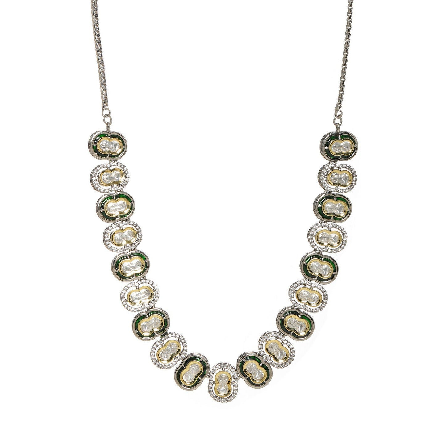 Mufli (peanut) Kundan Neckpiece with Meenakari and American Diamonds (Silver) - Ruby Raang | Swadesiicart