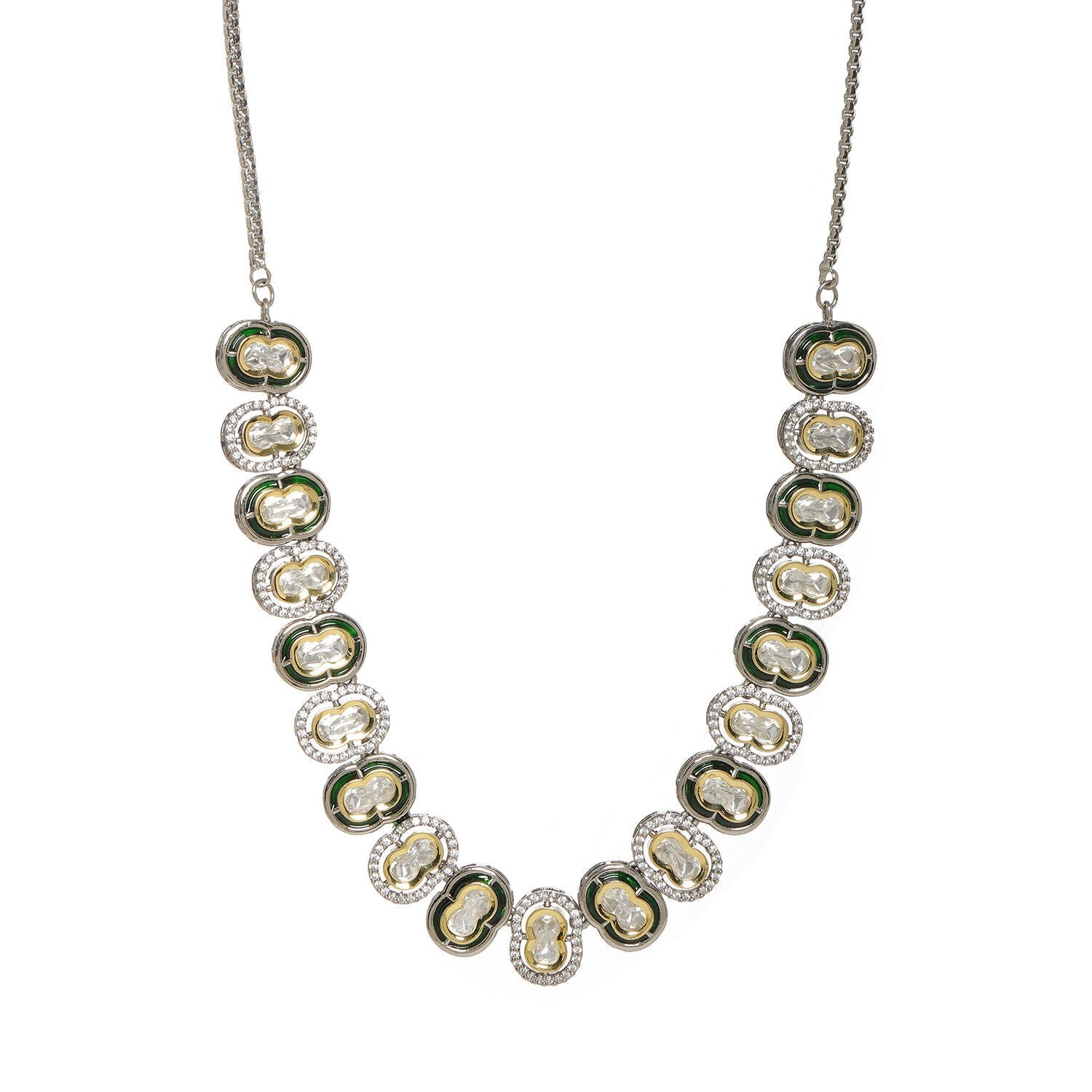 Mufli (peanut) Kundan Neckpiece with Meenakari and American Diamonds (Silver) - Ruby Raang | Swadesiicart