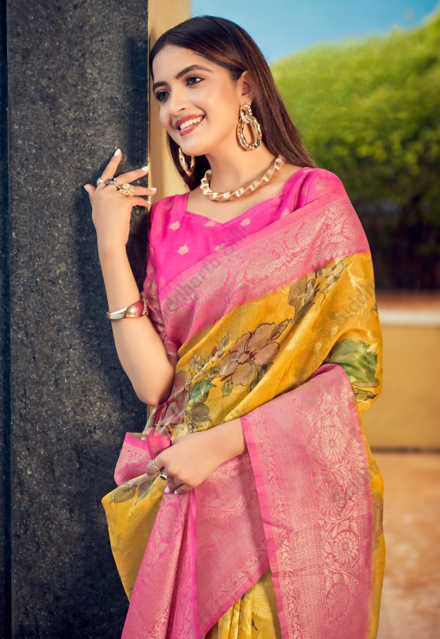 Exclusive Collection Wedding Pink Yellow Collection Banarasi Silk Saree With Rich Pallu - Swadesiicart