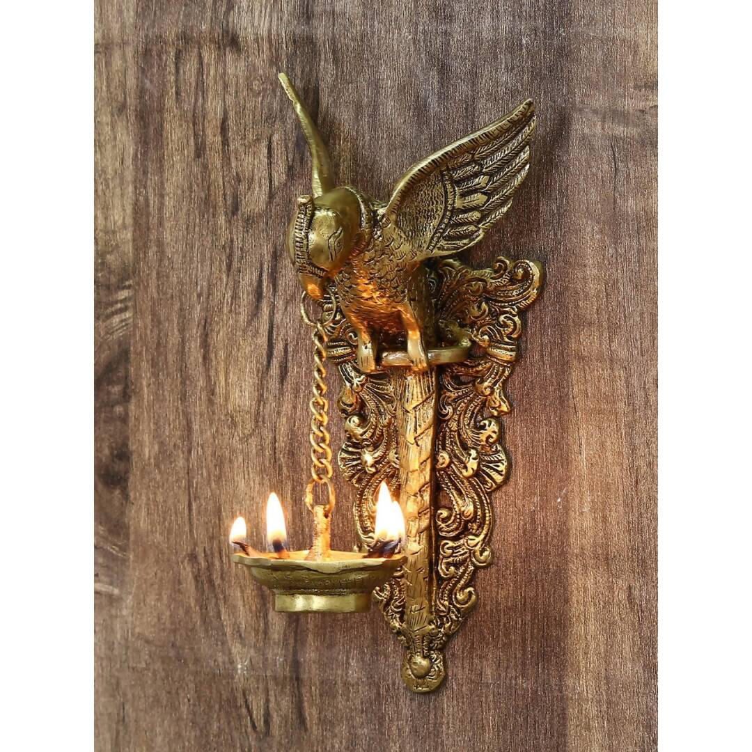 eCraftIndia Gold-Toned Handcrafted Bird Wall Hanging with Diya for 5 wicks | Swadesiicart
