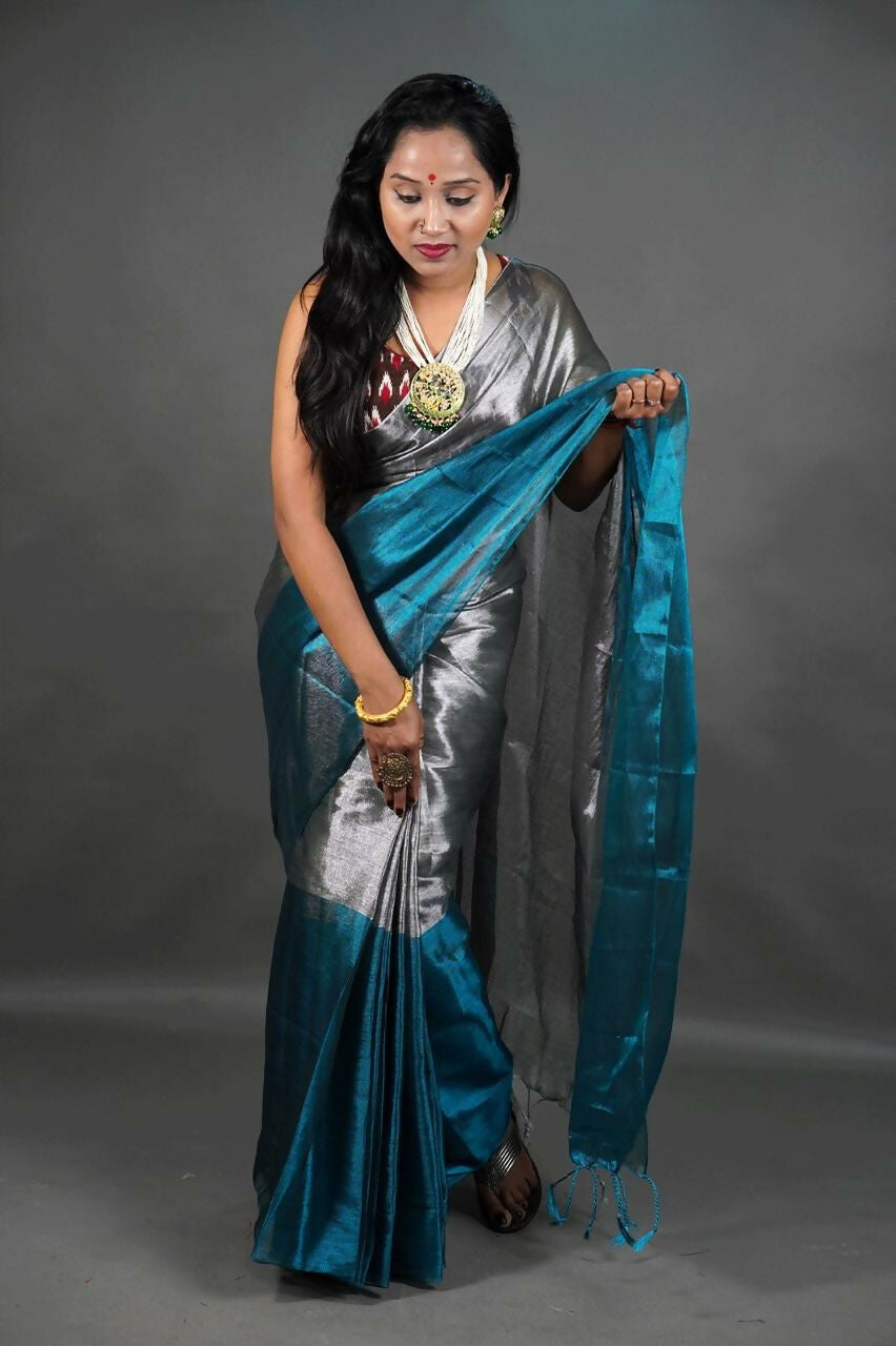Exclusive Collection Beautiful Gray Green Tissue Silk Hand Weaving Handloom Saree With Running Blouse Piece - Swadesiicart