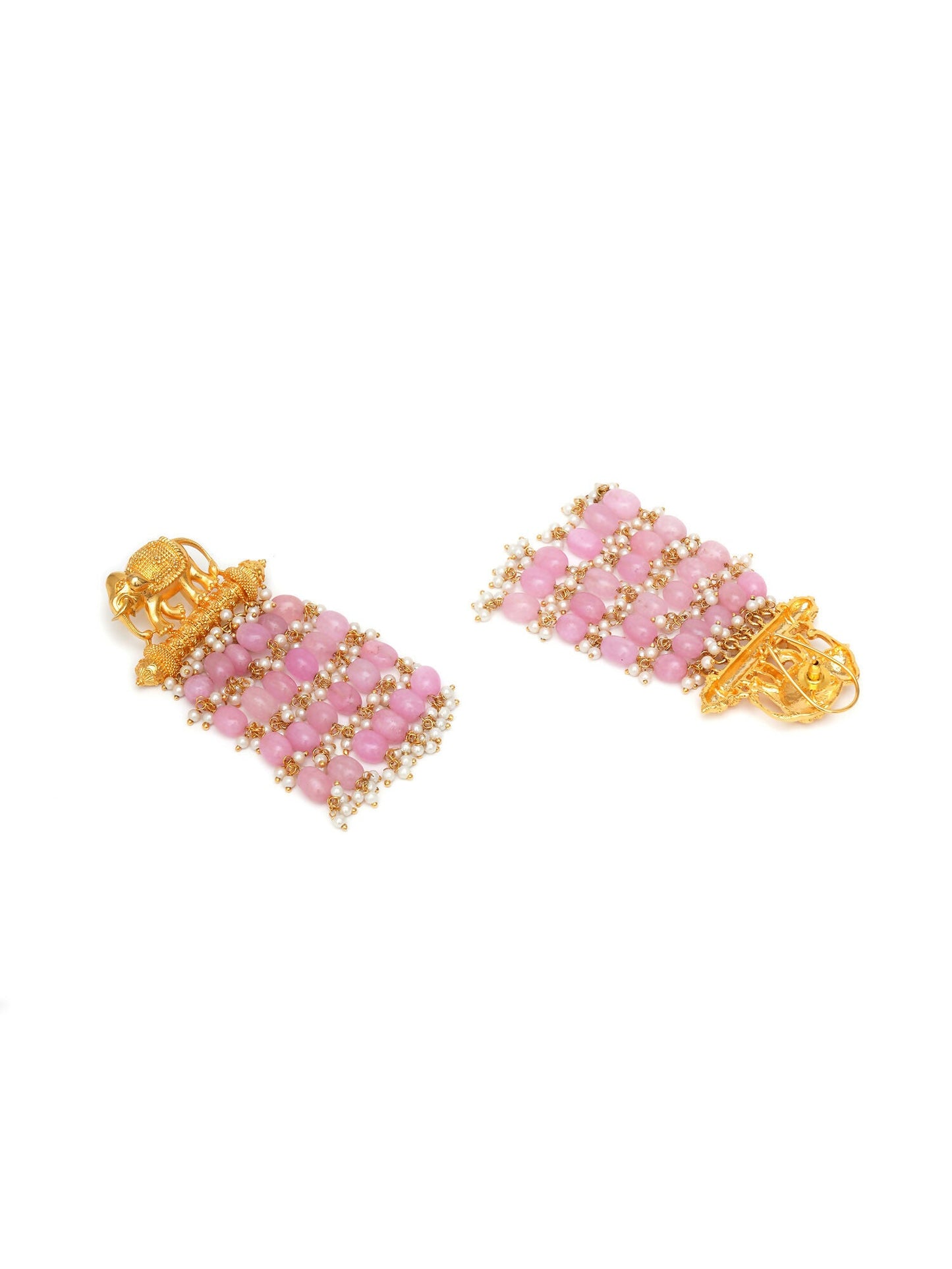Long Layered Earrings with Elephant Motifs (Pink) - Ruby Raang - Swadesiicart
