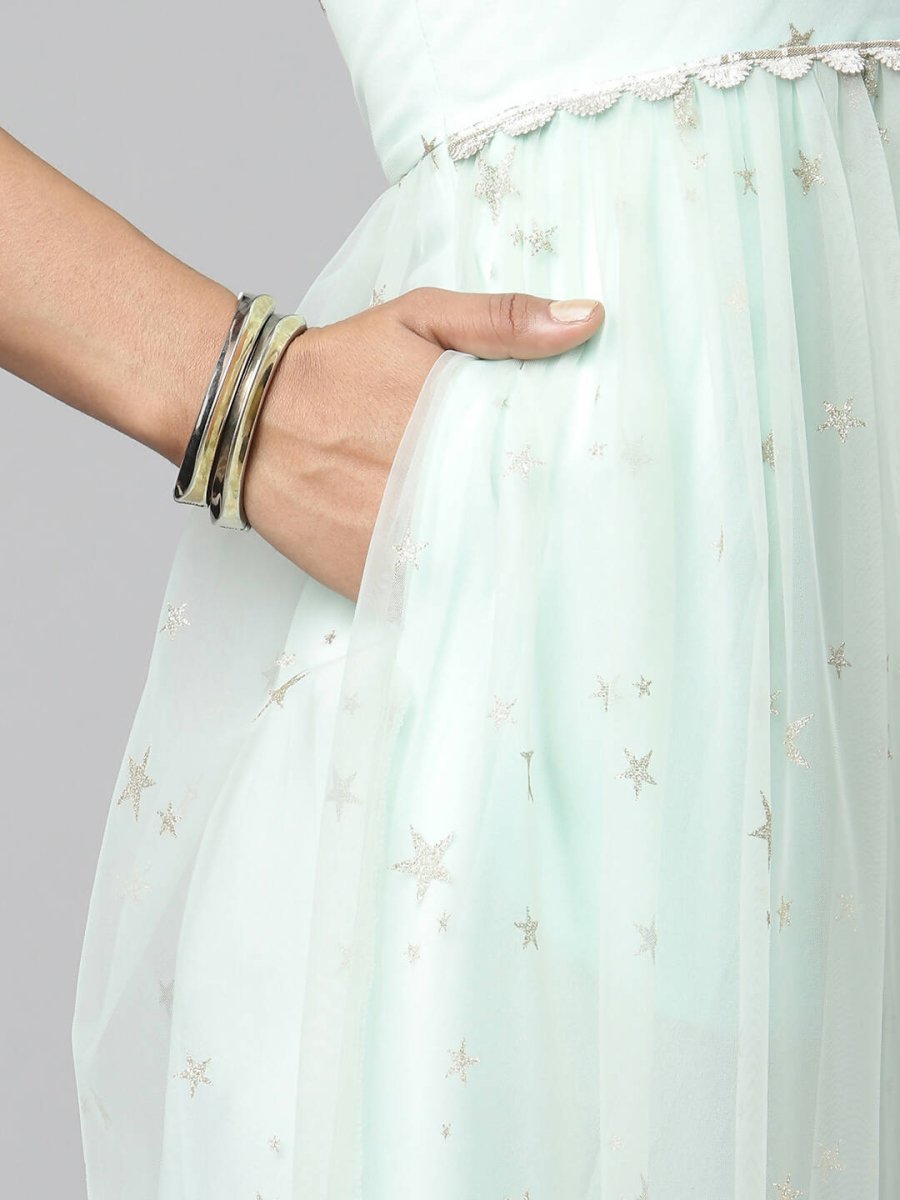 Ahalyaa Women Summer Blue Net Glitter Printed Dress | Swadesiicart