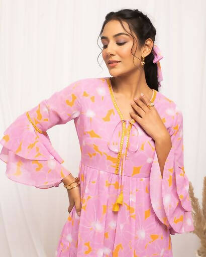 FIORRA Women's Light Pink Georgette Floral Printed Western Dress - Swadesiicart