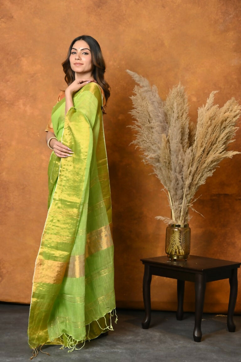 Very Much Indian Handloom Pure Cotton Linen Saree With Golden Border - Light Green | Swadesiicart