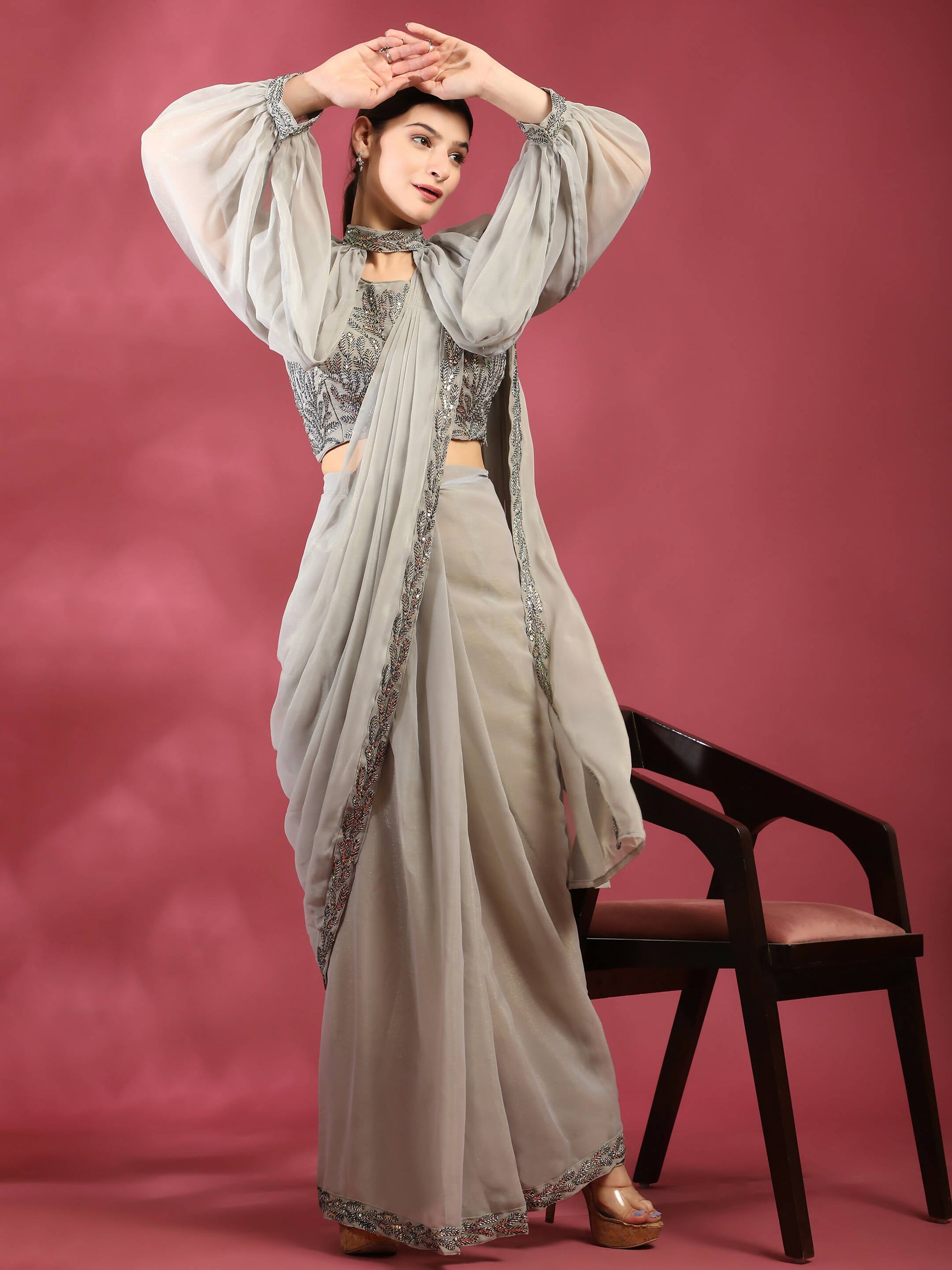 Grey Fancy Pure Fabric Plain Ready to wear Saree with stitched Blouse - Vrinda | Swadesiicart