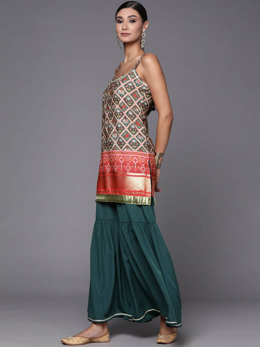 Ahalyaa Women Green & Red Ethnic Motifs Print Kurti with Sharara & Dupatta | Swadesiicart