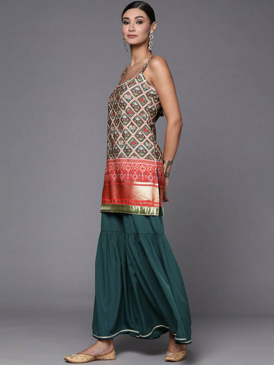 Ahalyaa Women Green & Red Ethnic Motifs Print Kurti with Sharara & Dupatta | Swadesiicart