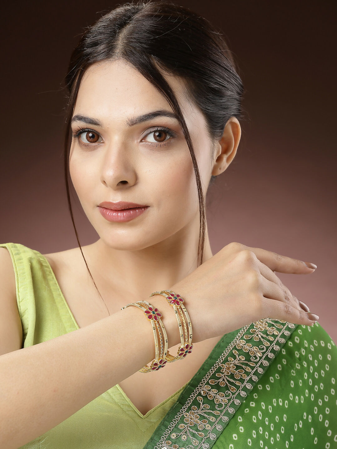 NVR Women's Set of 2 Gold-Polished Artificial Stones Handcrafted Traditional Bangles - Swadesiicart