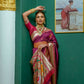 Vishnu Weaves Women's Wine Paithani Silk Zari Woven Saree with Unstitched Blouse - Swadesiicart