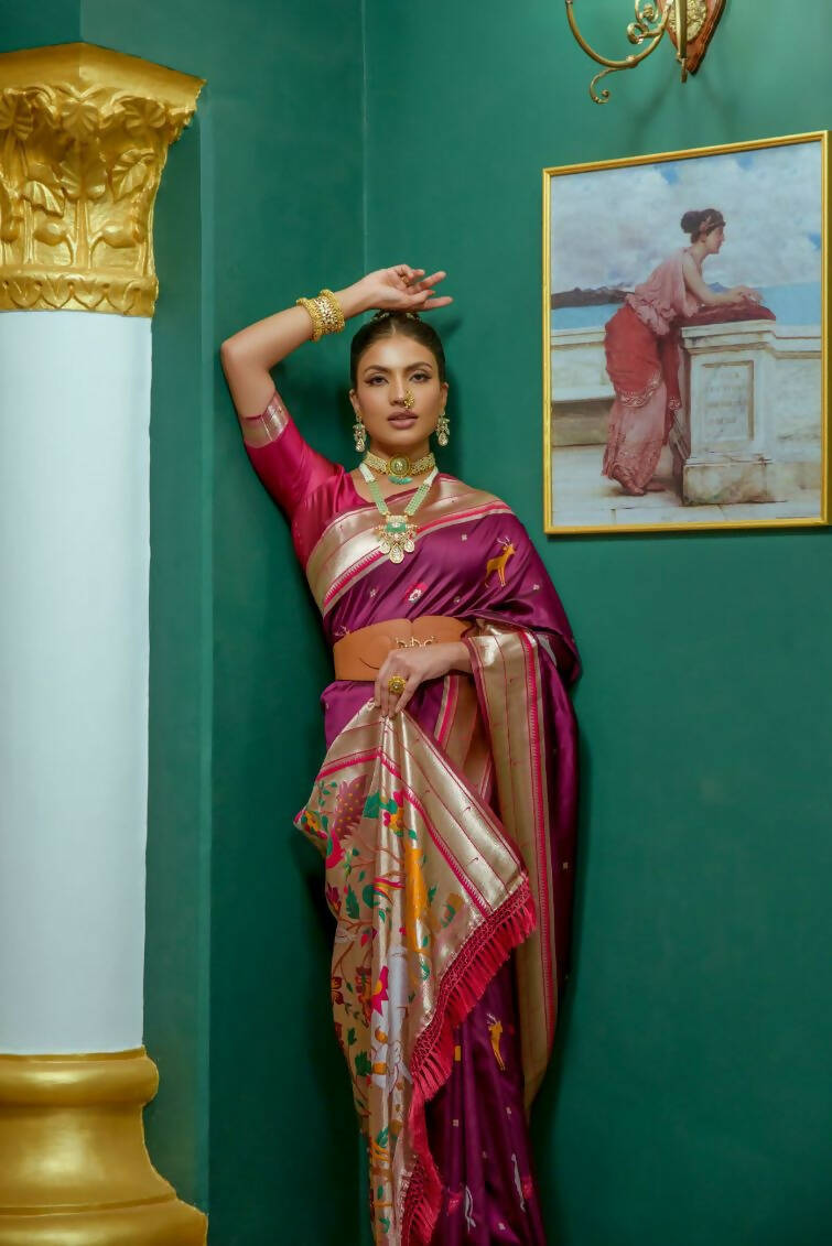 Vishnu Weaves Women's Wine Paithani Silk Zari Woven Saree with Unstitched Blouse - Swadesiicart