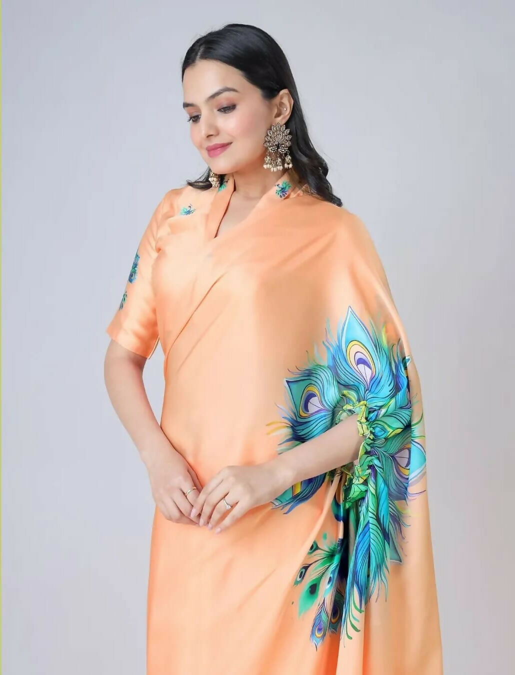 Vastranavya Peach Peacock Print Free Hand Ready to Wear Saree | Swadesiicart