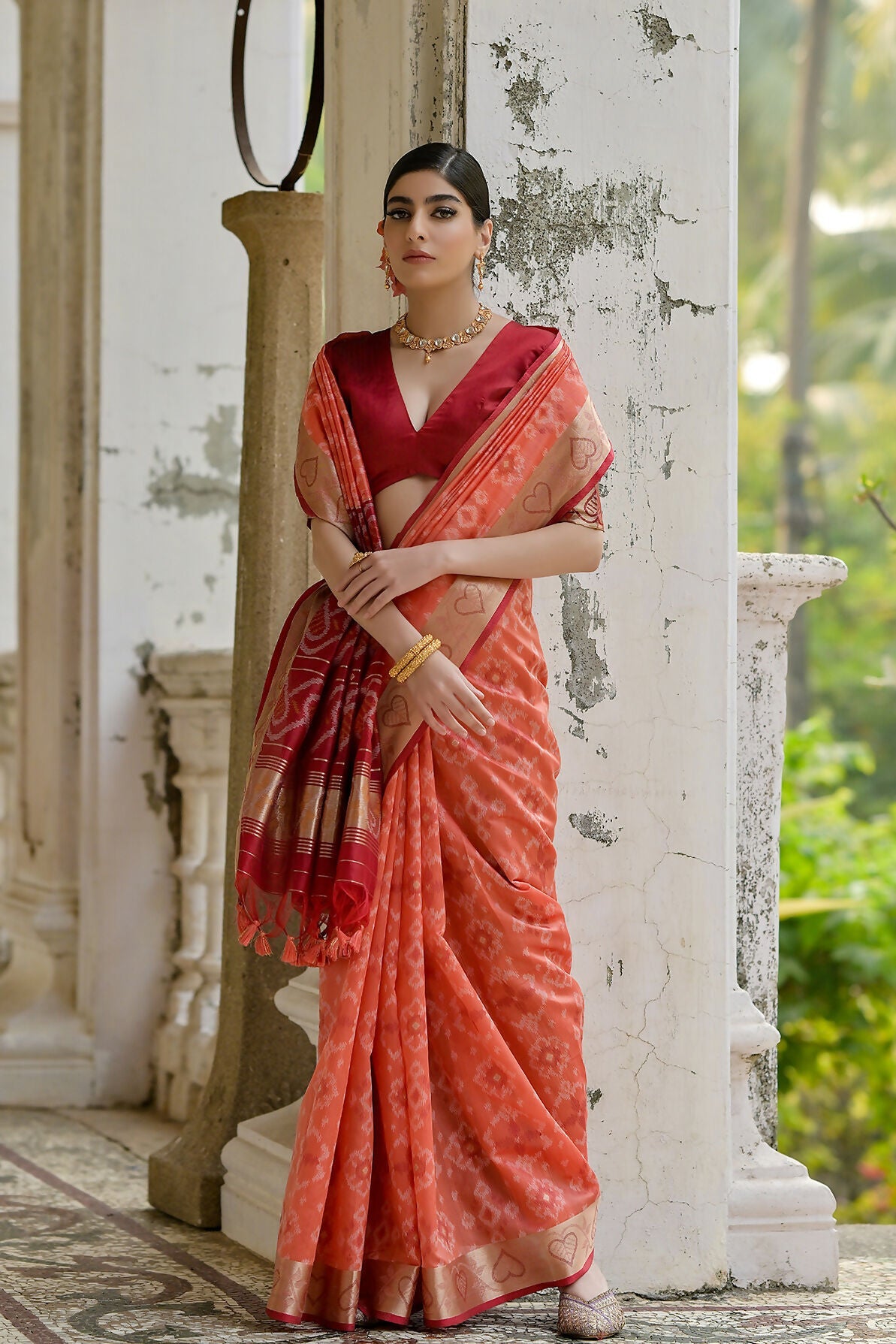 Vishnu Weaves Women's Orange Raw Silk Thread Ikkat Woven Saree with Blouse - Swadesiicart