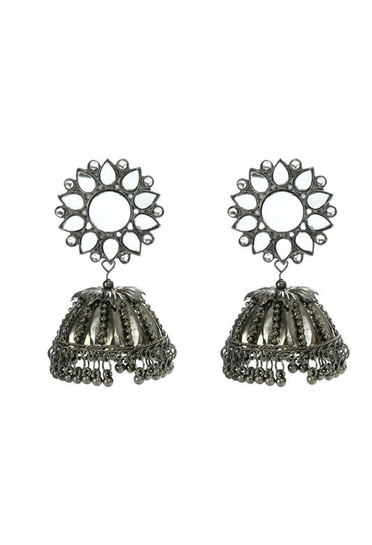 Mominos Fashion Johar Kamal Silver-Plated With Mirror Earrings Jhumkas - Mominos Fashion