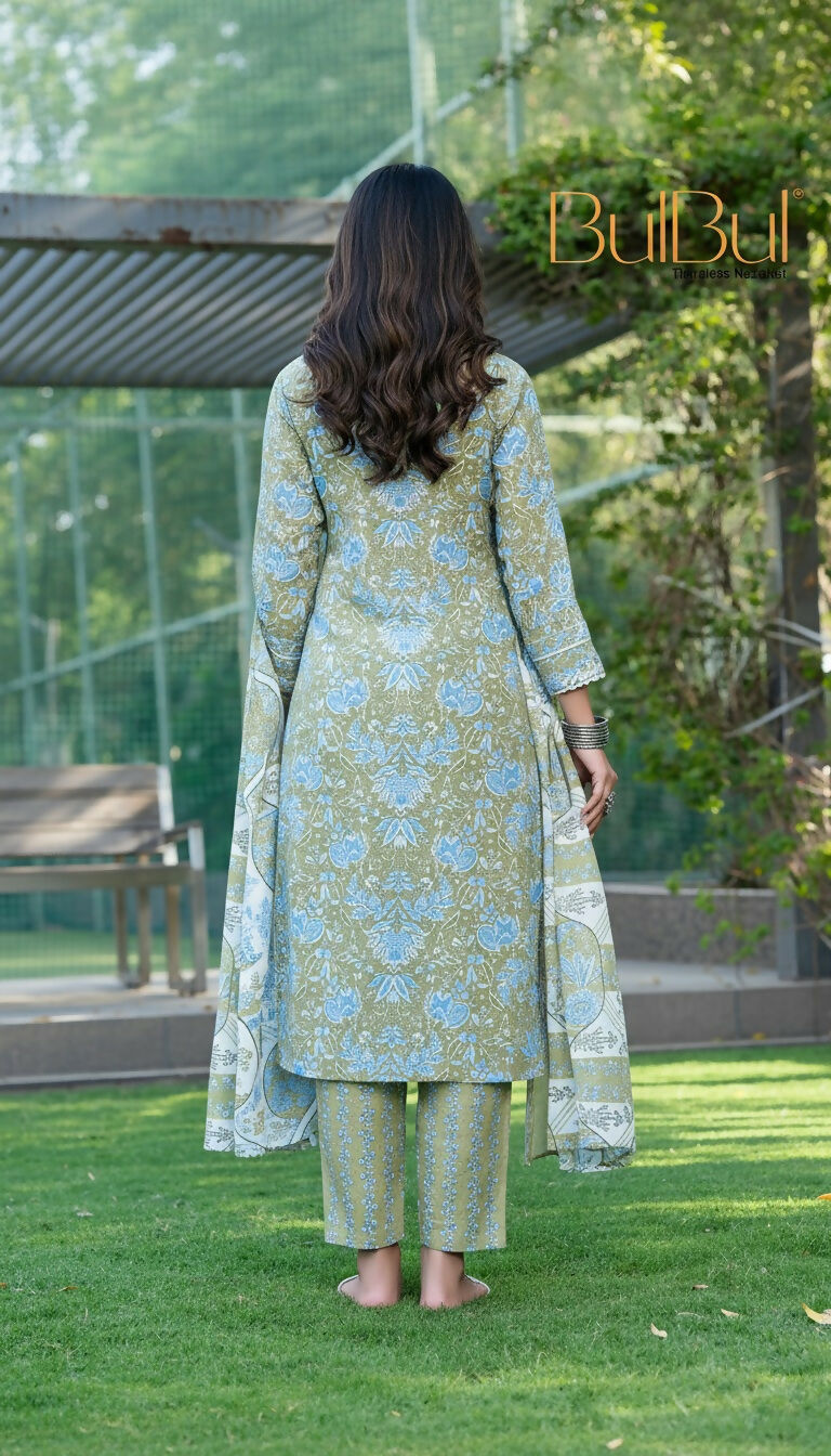 BulBul Fashionista Green Cotton Kurta Set with Dupatta - Swadesiicart