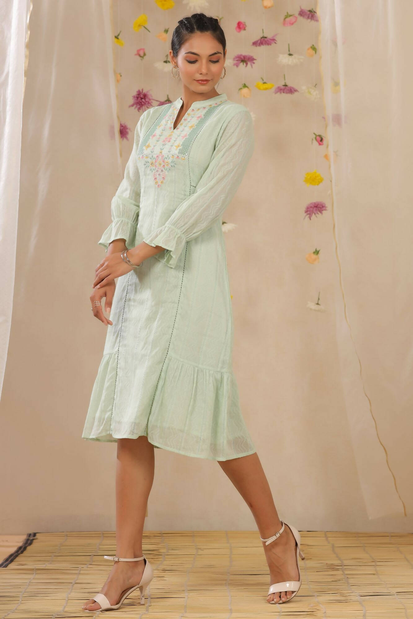 Juniper Women Sagegreen Cotton Dobby Woven Design A-Line Dress | Swadesiicart