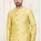 Raivat Ethnic Banarasi Jacquard Embroidery Semi Indo Western Sherwani In Cream Gold Colour | Swadesiicart