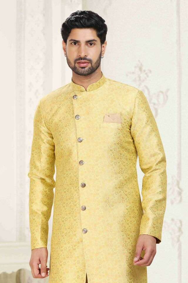 Raivat Ethnic Banarasi Jacquard Embroidery Semi Indo Western Sherwani In Cream Gold Colour | Swadesiicart