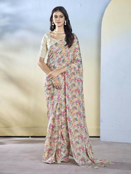 Off White Georgette Designer Printed Ready to Wear Saree - Samyana | Swadesiicart