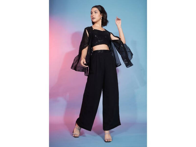 Black Georgette Sequence With Thread Designer Co-Ord Set - Flory - Swadesiicart