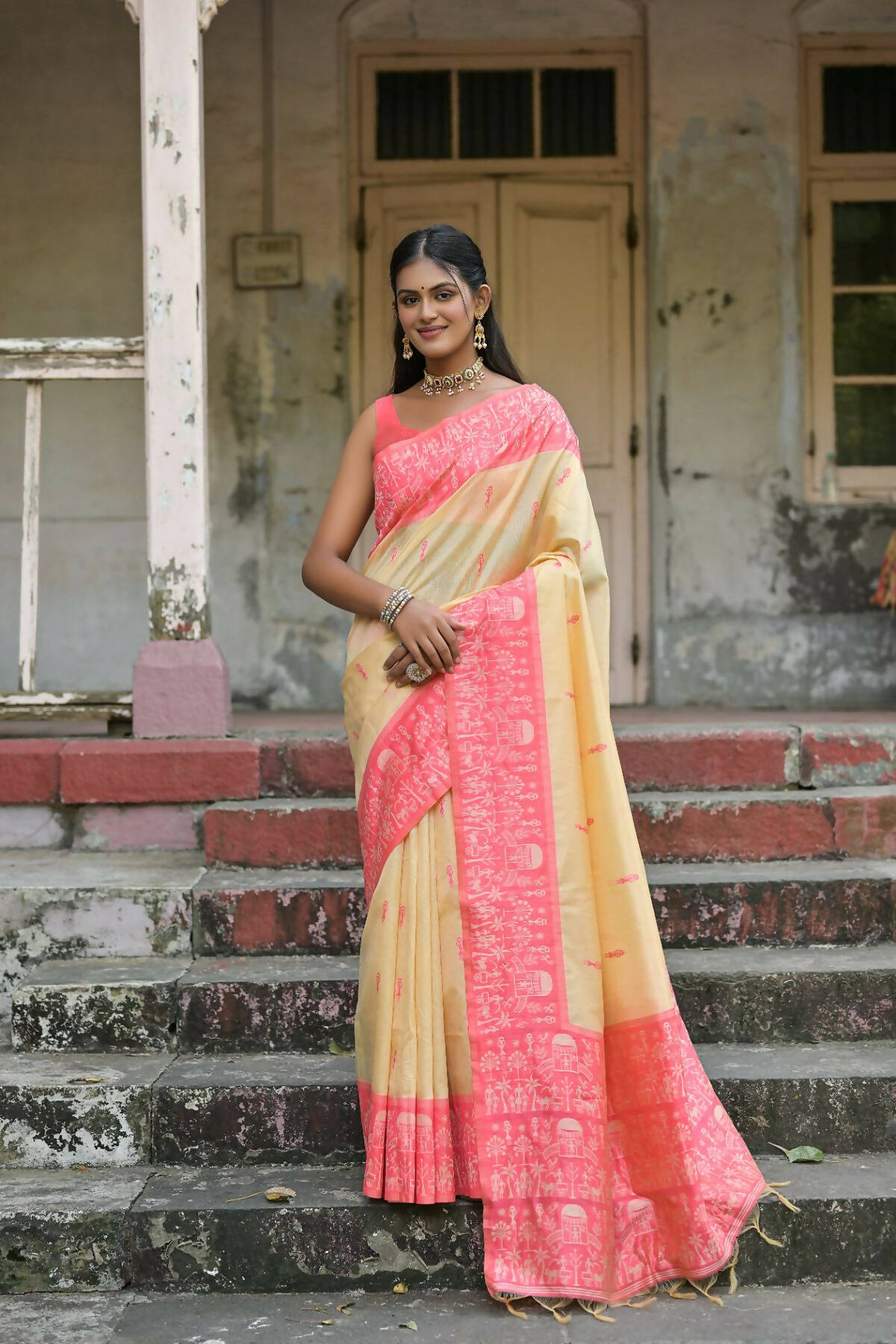 Vishnu Weaves Women's Gajri Handloom Raw Silk Woven Saree with Blouse - Swadesiicart