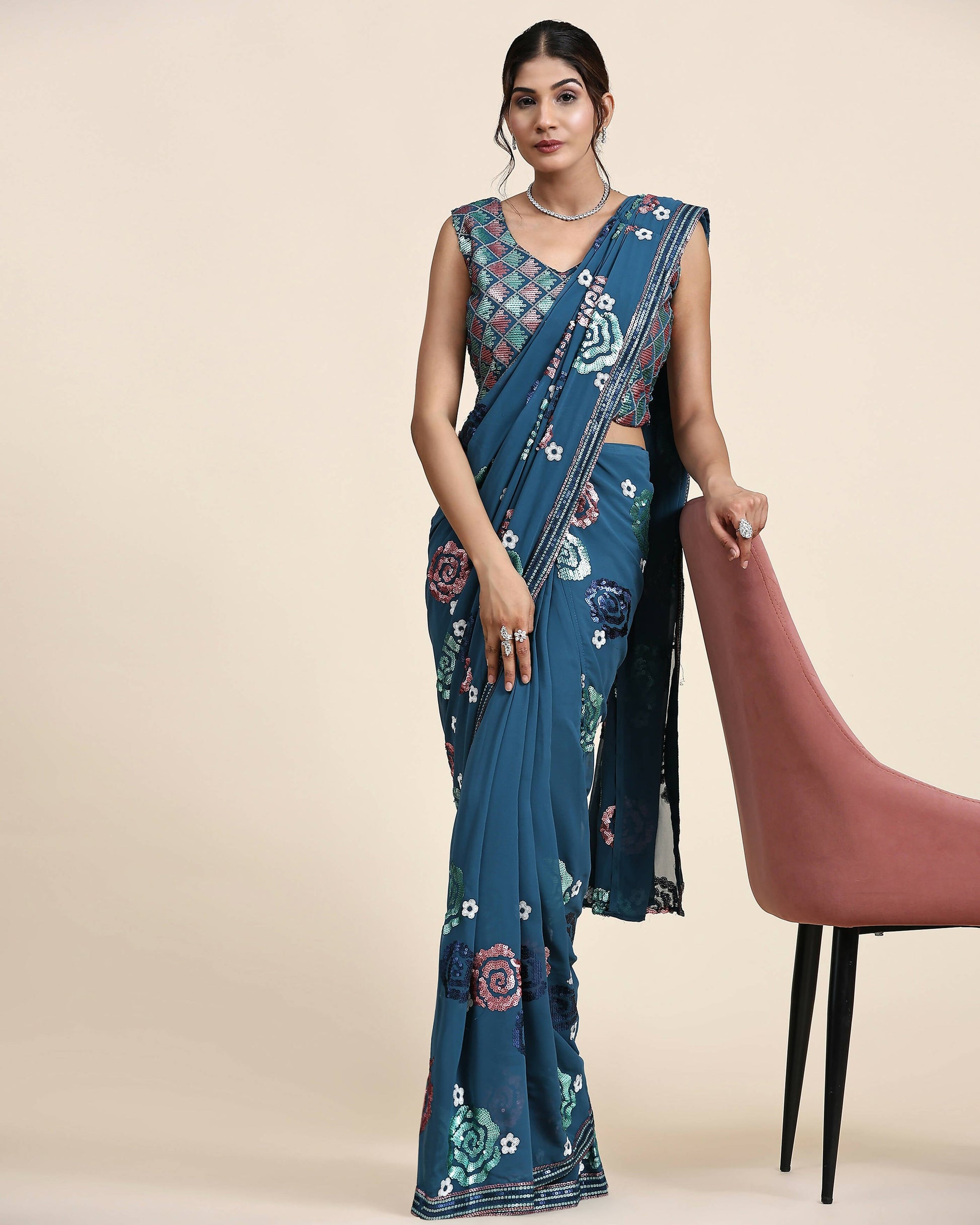 Blue Pure Georgette Sequence work Ready to wear Saree with stitched Blouse - Nirvana | Swadesiicart