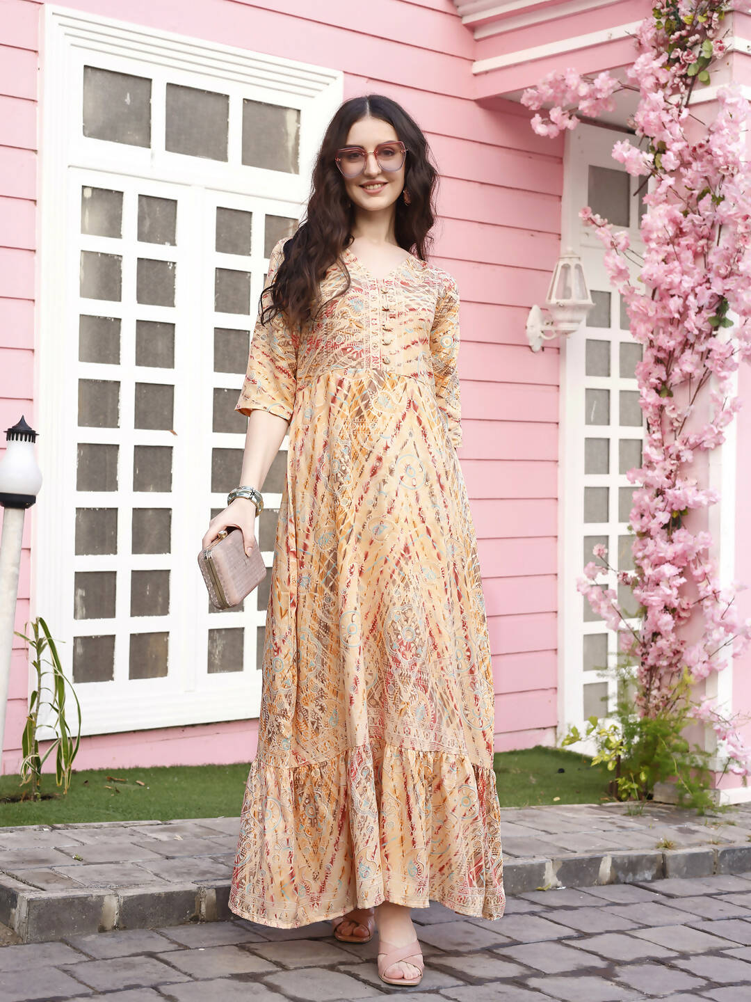 Peach Rayon Foil Printed Long Dress - Michan | Swadesiicart