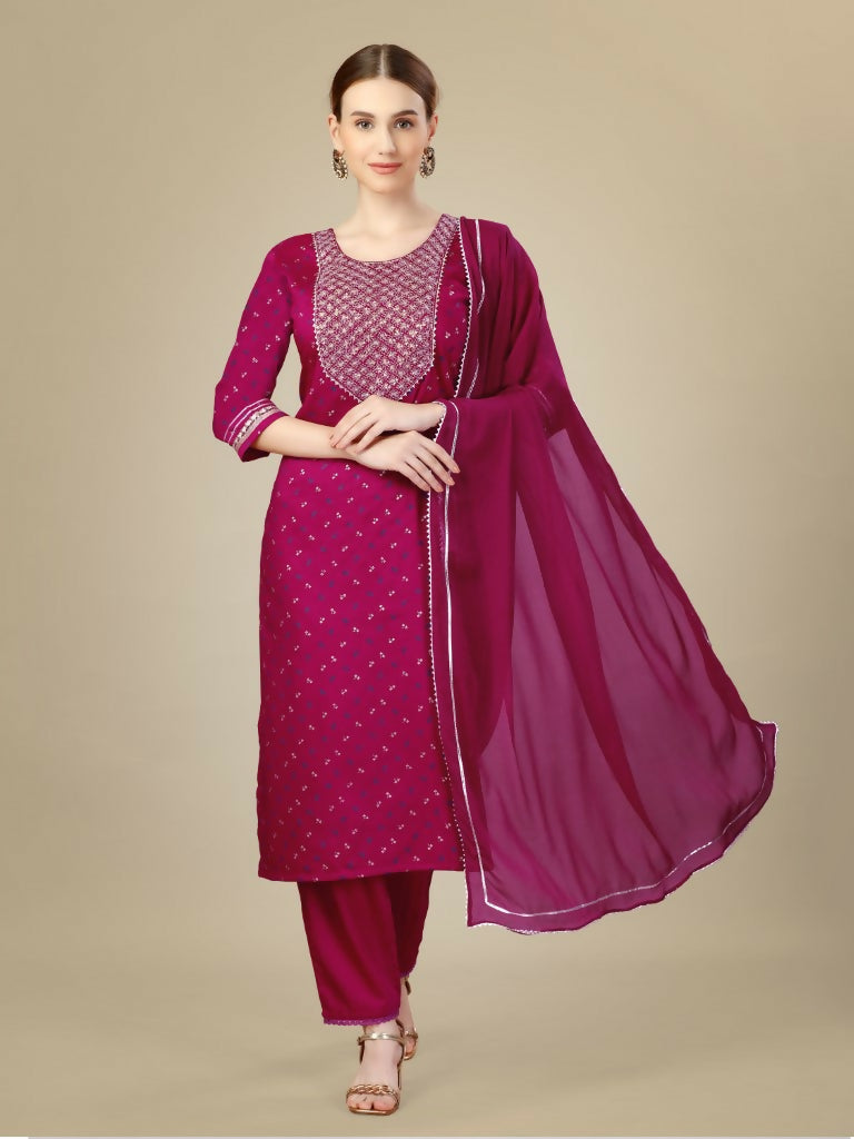 Jyoti Fashion Women's Rani Pink Silk Blend Embroidery & Sequence work Kurta with Trouser & Dupatta | Swadesiicart