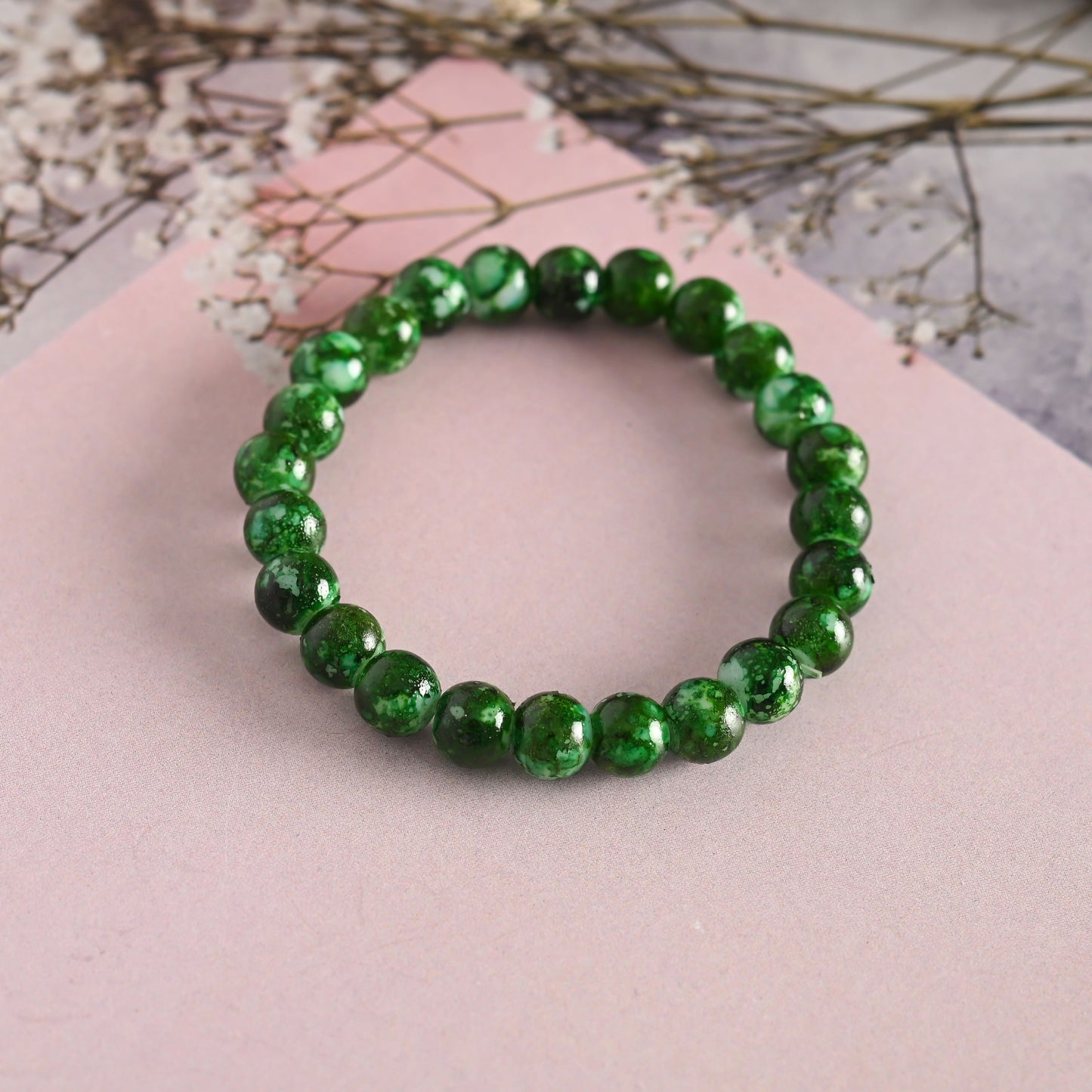 NVR Men & Women Green Marble Crystal Beaded Elasticated Bracelet - Swadesiicart