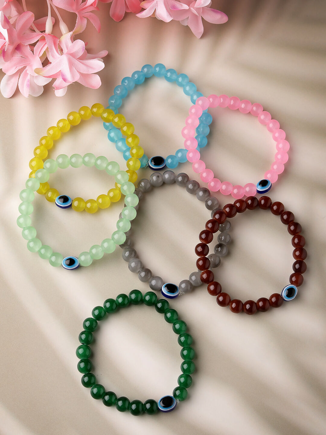 NVR Men & Women Set of 7 Crystals Beaded Evil Eye Elasticated Bracelet - Swadesiicart