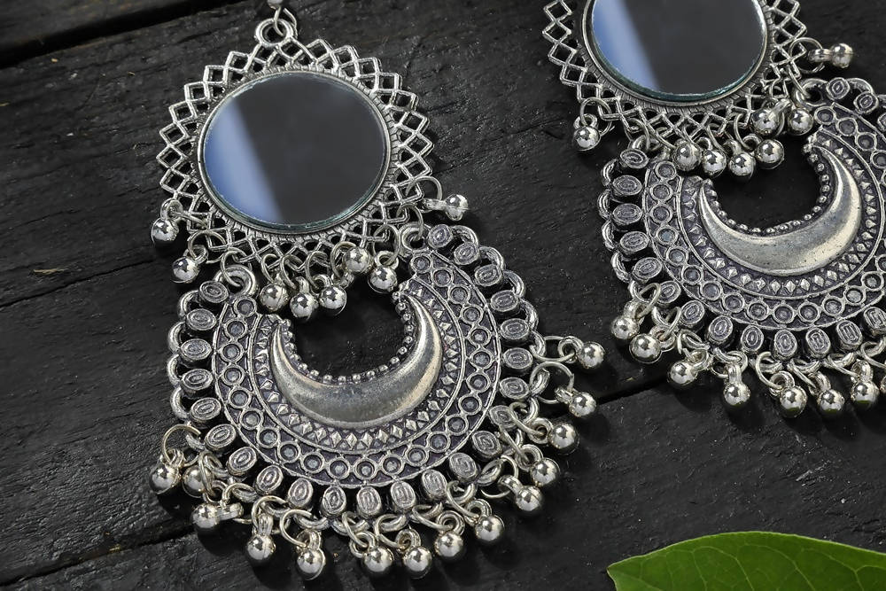 Mominos Fashion Johar Kamal Silver Oxidised Mirror Chandbali Earrings - Mominos Fashion