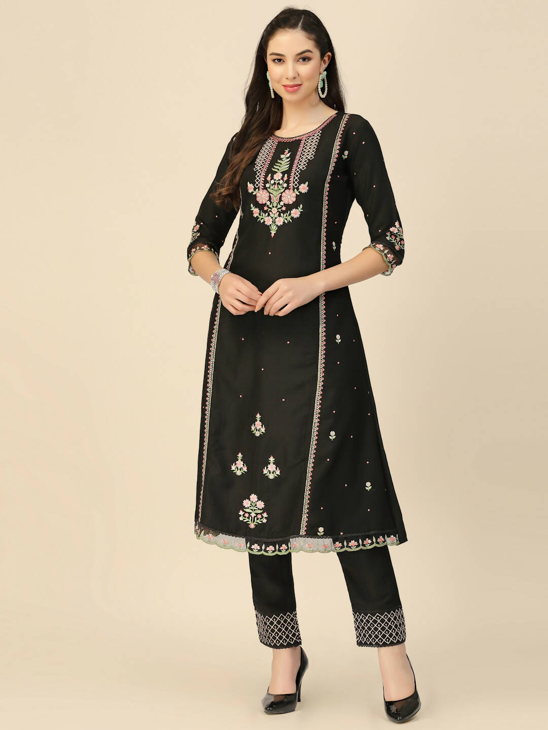 Black Embroidered Chinon Straight Kurta With Trouser & Dupatta - Salimar