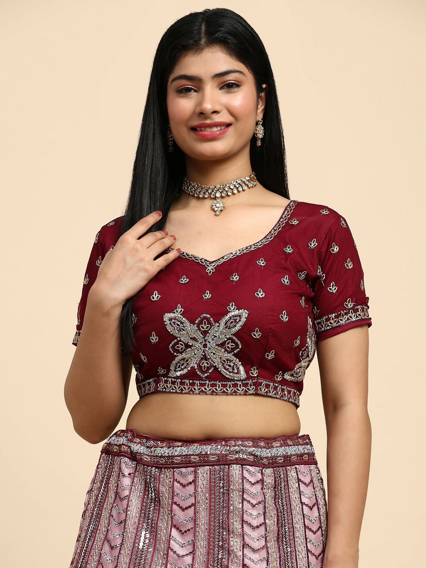 Maroon Fancy Net Sequence Embroidered Lehenga Choli with Dupatta - Dhara | Swadesiicart