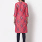 Myshka Women's Pink Printed 3/4 Sleeve Rayon Round Neck Casual Kurta