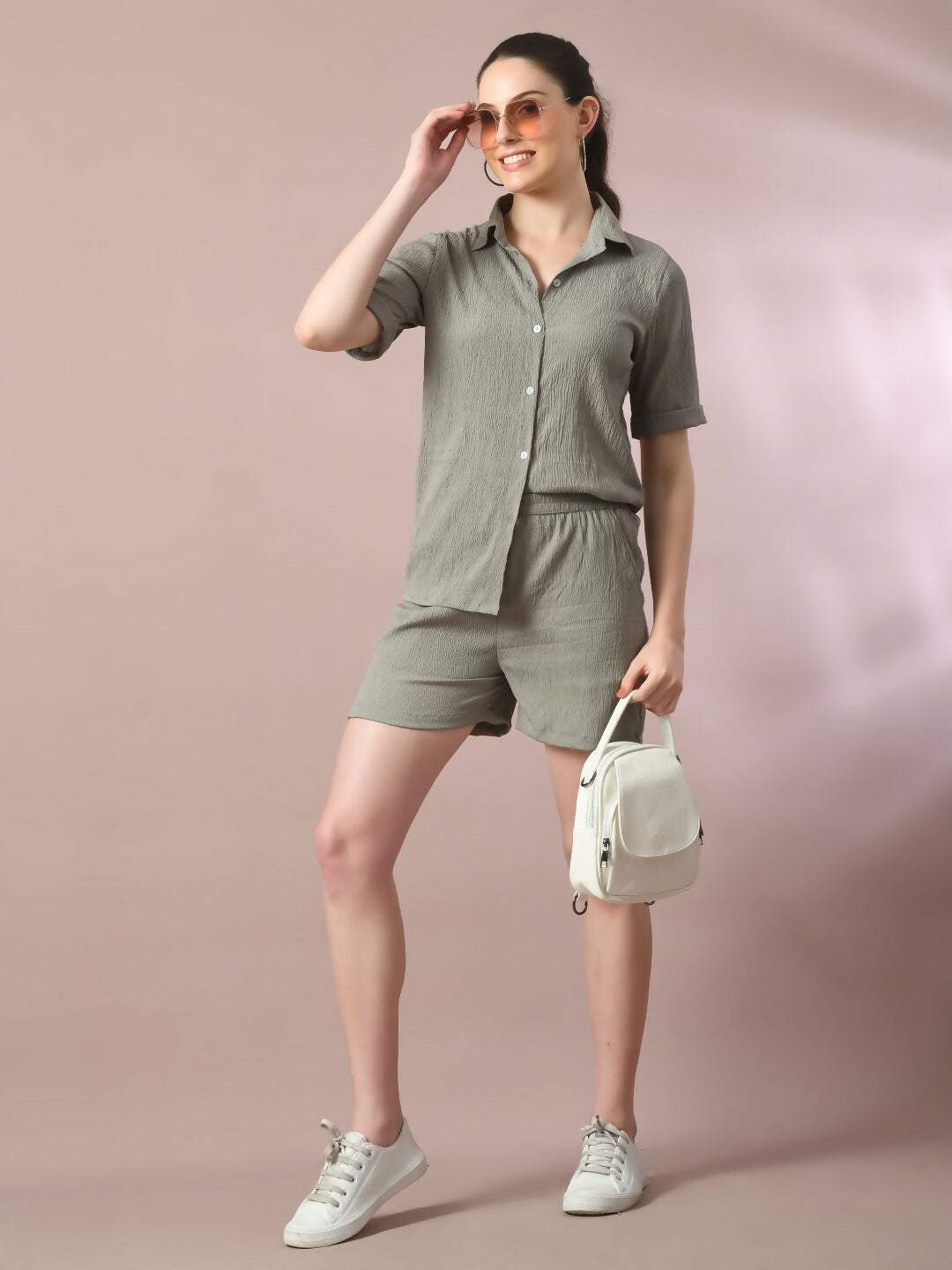 Myshka Women's Grey Solid Shirt Collar Party Shirt With Shorts Co-ord set - Swadesiicart
