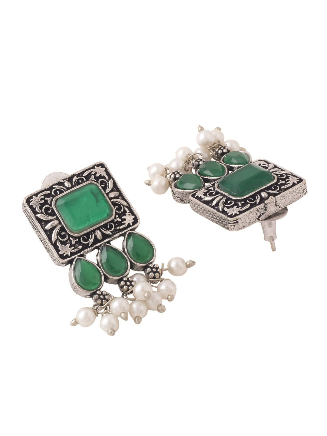 NVR Women's Oxidised Silver Plated Green Color Stone Jewellery Set With Earrings | Swadesiicart