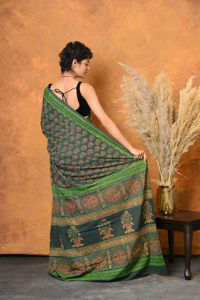 Very Much Indian Handblock Printed Cotton Saree With Natural Dyes - Green | Swadesiicart
