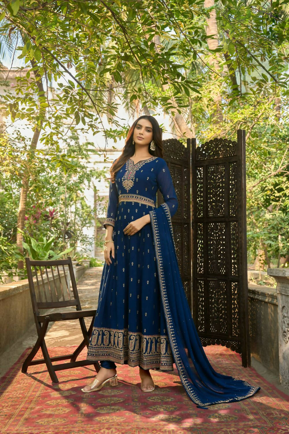 Blue Heavy Faux Georgette Anarkali Embroidered Kurta Set - Dhvani