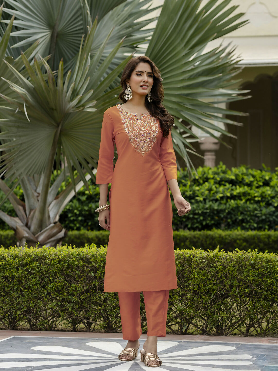 The52 Orange Women's Gorgeous Embroidered Rayon Fabric with Straight Kurta, Pant and Dupatta Set - Swadesiicart