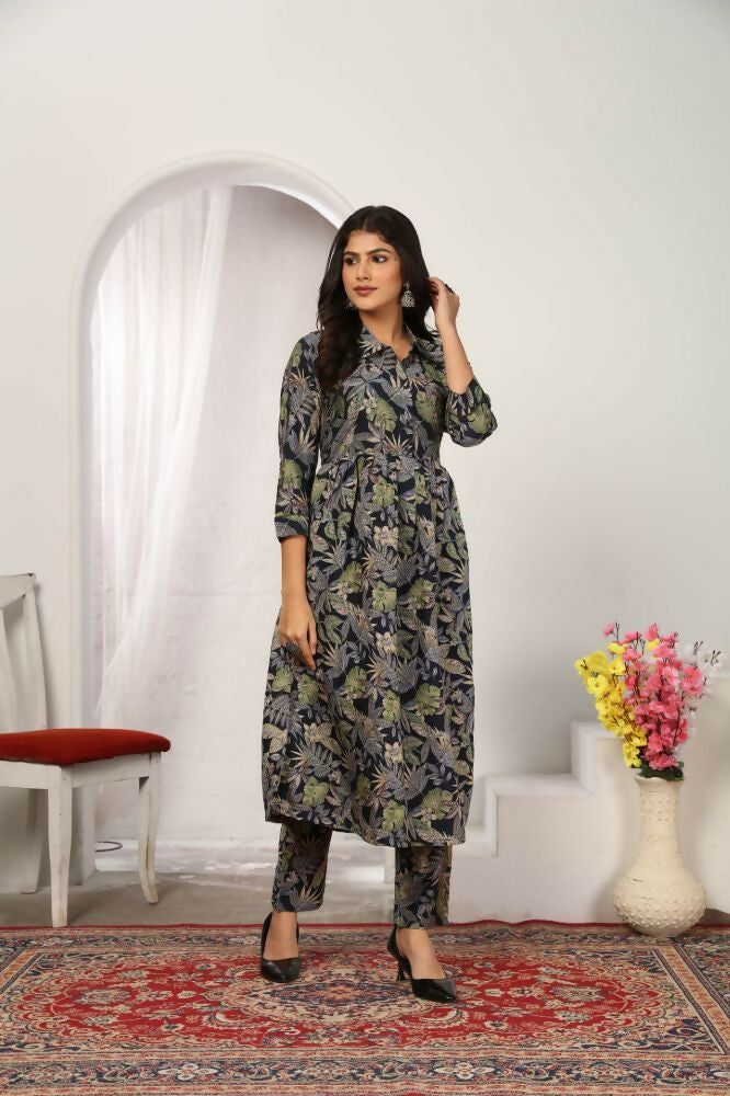 Jyoti Fashion Women's Black Chanderi Silk Floral Print with Side Pocket Kurtis & Sets | Swadesiicart