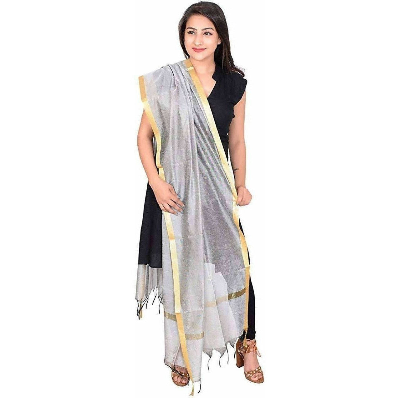 Women's Silk Plain Banarasi Golden Border Dupatta | Swadesiicart