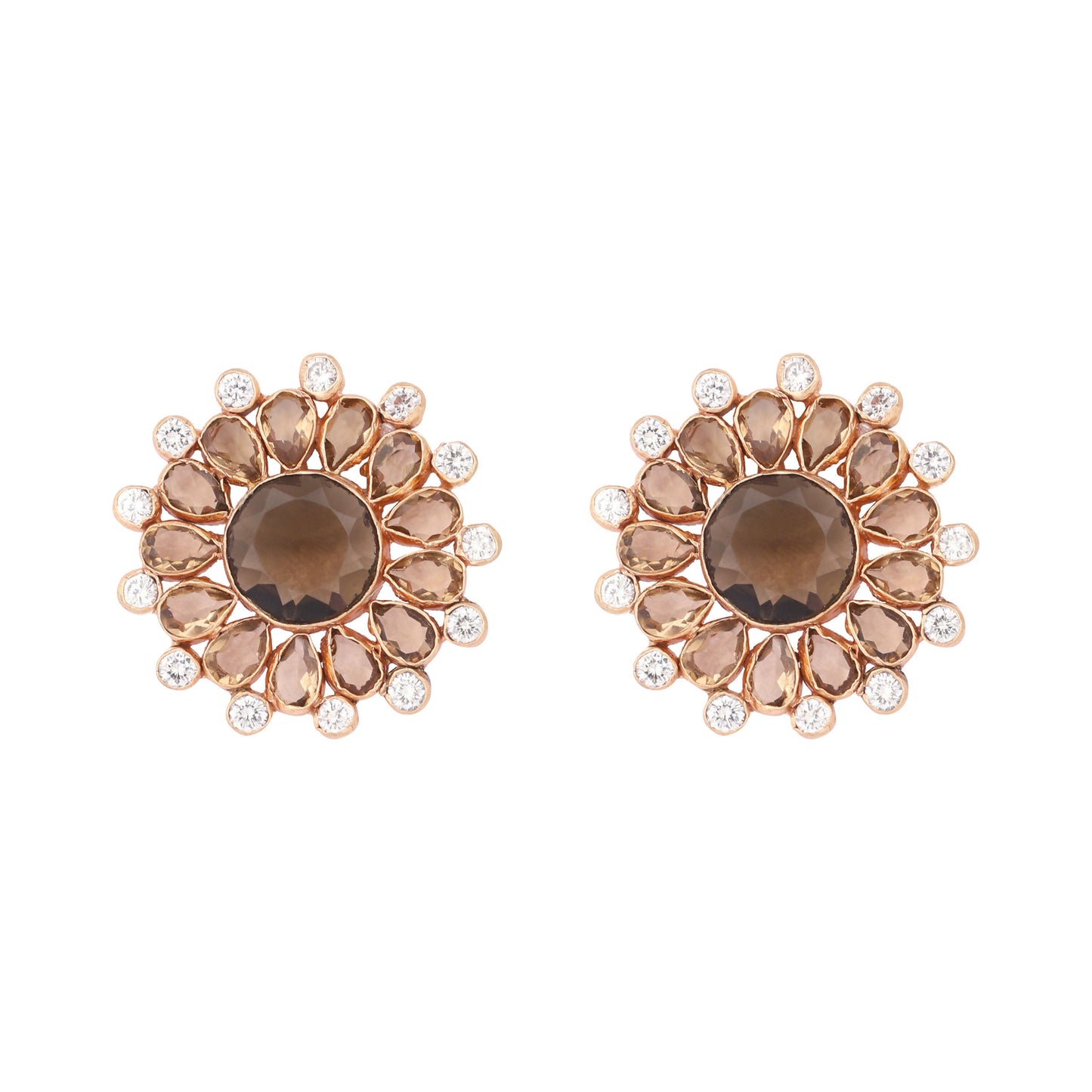 Nuyug 22K Gold Plated Faux Smoky Quartz & White Crystal Studded Contemporary Floral Shaped Studs | Swadesiicart
