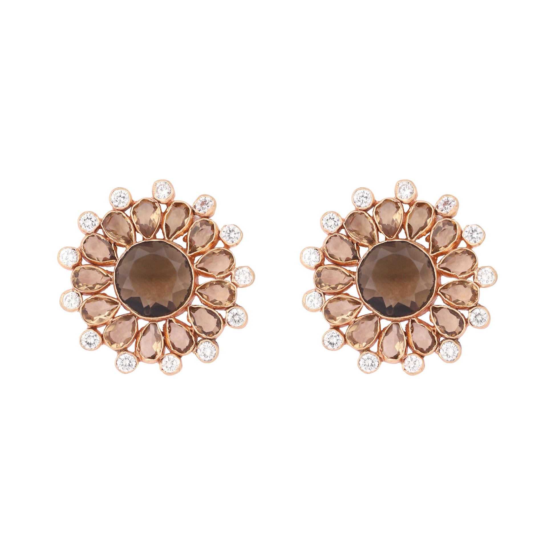 Nuyug 22K Gold Plated Faux Smoky Quartz & White Crystal Studded Contemporary Floral Shaped Studs | Swadesiicart