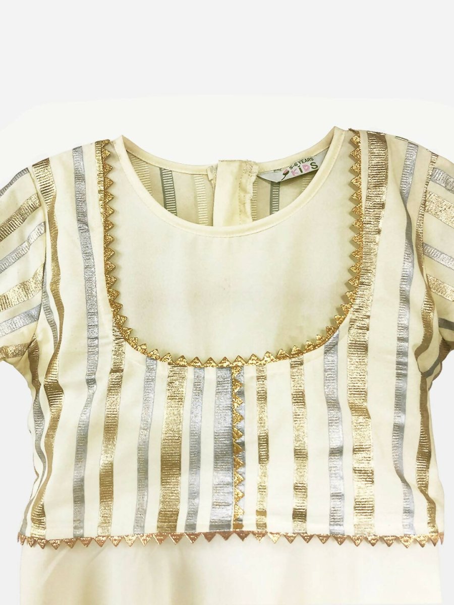 Ahalyaa Cream Crepe Gold Foil Printed Kids Kurta with Jacket For Girls | Swadesiicart