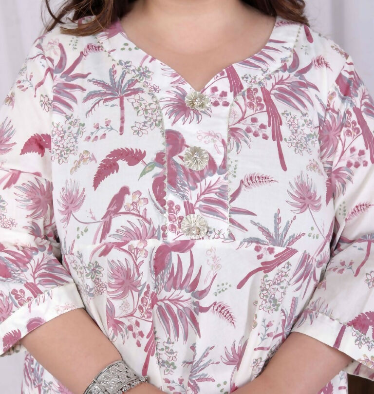 Miravan Women's Plus Size Pink Cotton Gota and Lace Border Birds and Leaf Floral Printed Anarkali Kurta - Swadesiicart