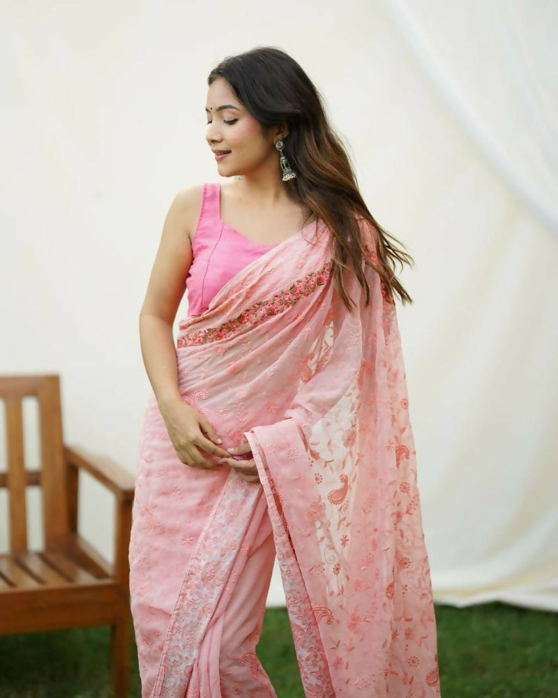 Vamsee Jasmin Peach Uae Georgette Saree - Swadesiicart