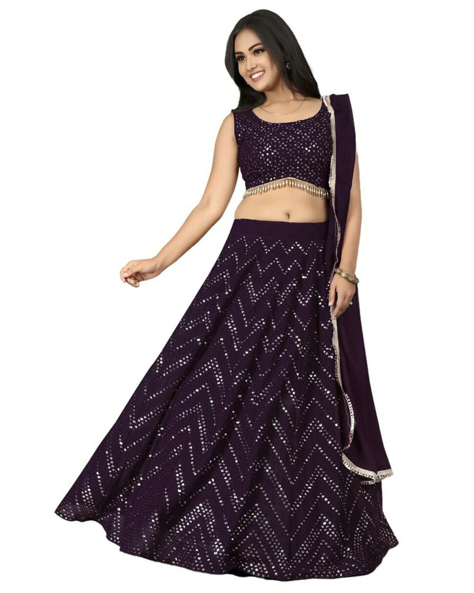 Jyoti Fashion Wine Thread with Sequence Embroidery Faux Georgette Lehenga Choli with Dupatta | Swadesiicart