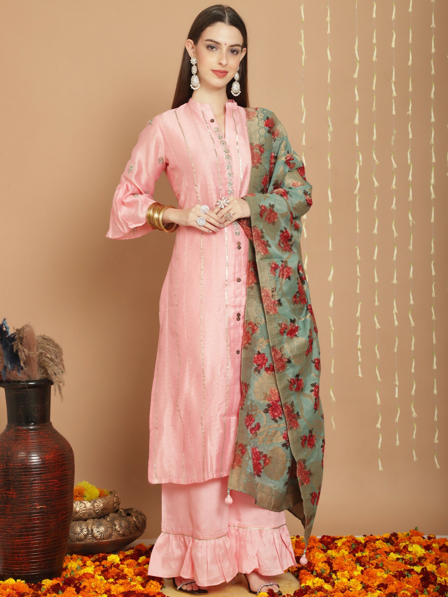 Jyoti Fashion Women's Peach Chanderi Silk Elegant Jardoshi Kurta with Trouser & Dupatta | Swadesiicart