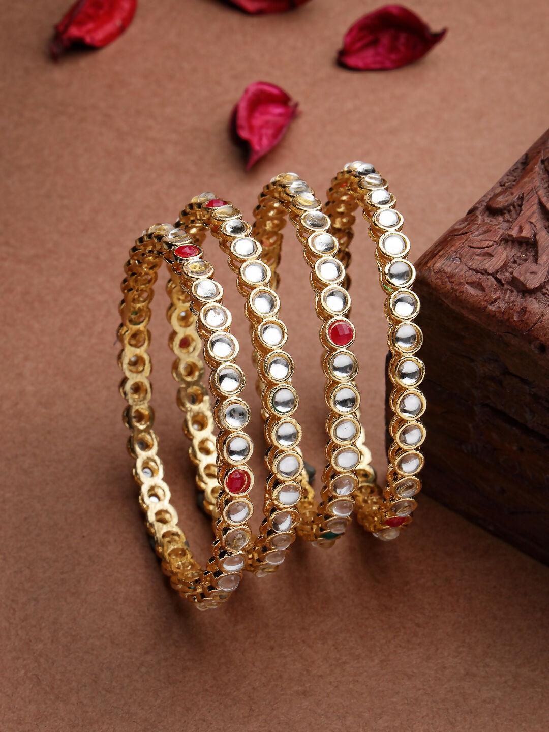 NVR Women Set of 4 Gold-Polished Kundan Studded Bangles - Swadesiicart